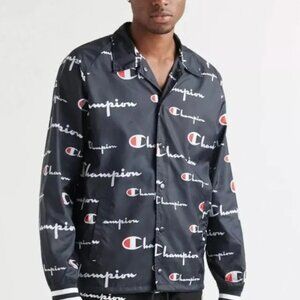 Champion Life Men's Navy All Over Print Satin Button Down Coaches Jacket